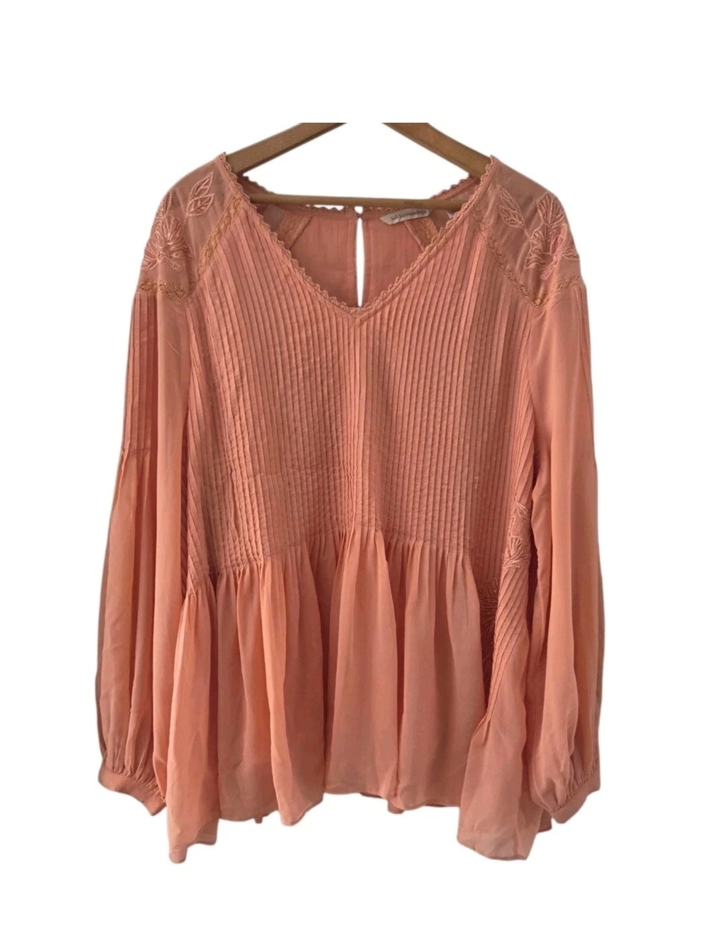 Soft Surroundings Peach Carte Blanche Top Blouse Pintucks Embroidered Size 1X